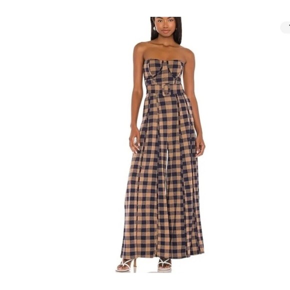Free People Women Hold Me Tight Brown Blue Wide Leg Plaid Boho Jumpsuit Sz XS